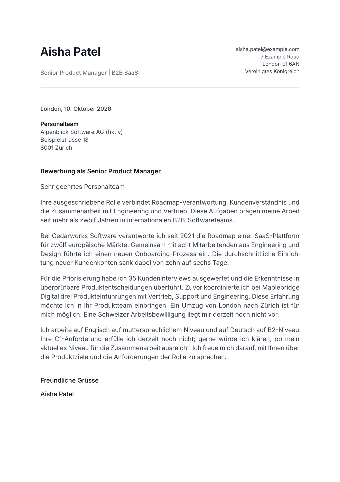 cover letter for Aisha Patel: twelve years of international experience, specific product work and an unresolved language requirement. Page 1.