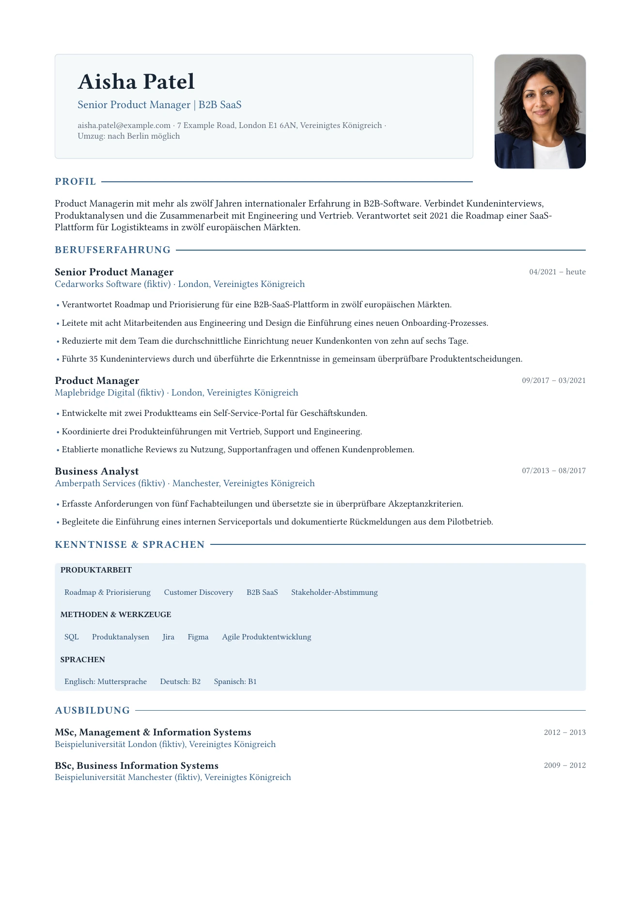CV for Aisha Patel: twelve years of international experience, three roles, education and languages. Page 1.