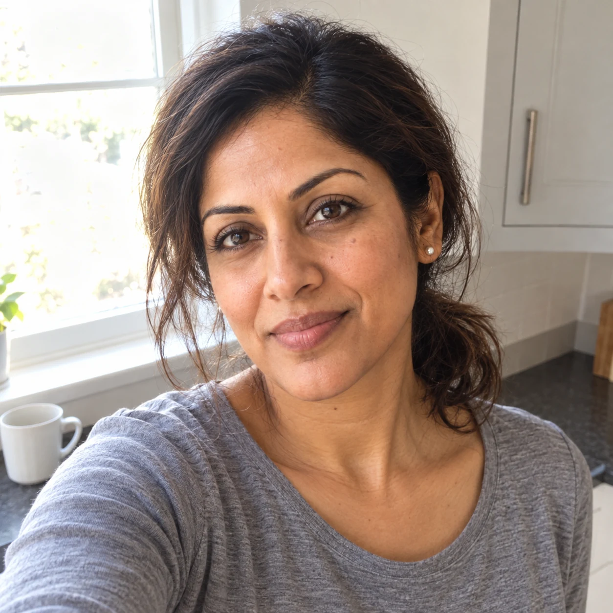 Aisha in a casual photo — fictional AI example.